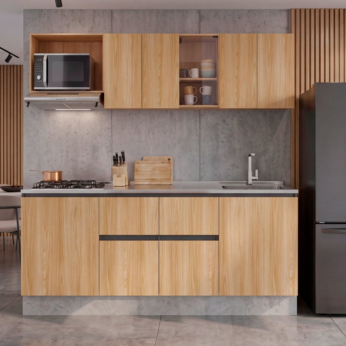Cocina Amantia Fresno Europeo 212x208cm para Mesón Lado Derecho sin Mesón y sin Estufa con Ocho Puertas y con Espacio para Extractor