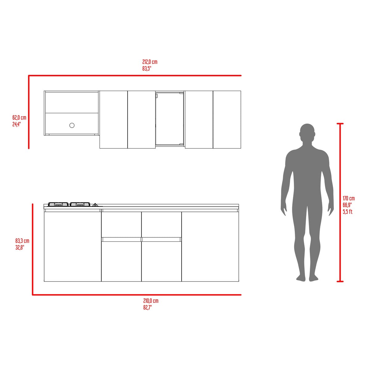 Cocina Amantia Fresno Europeo 212x208cm para Mesón Lado Derecho sin Mesón y sin Estufa con Ocho Puertas y con Espacio para Extractor