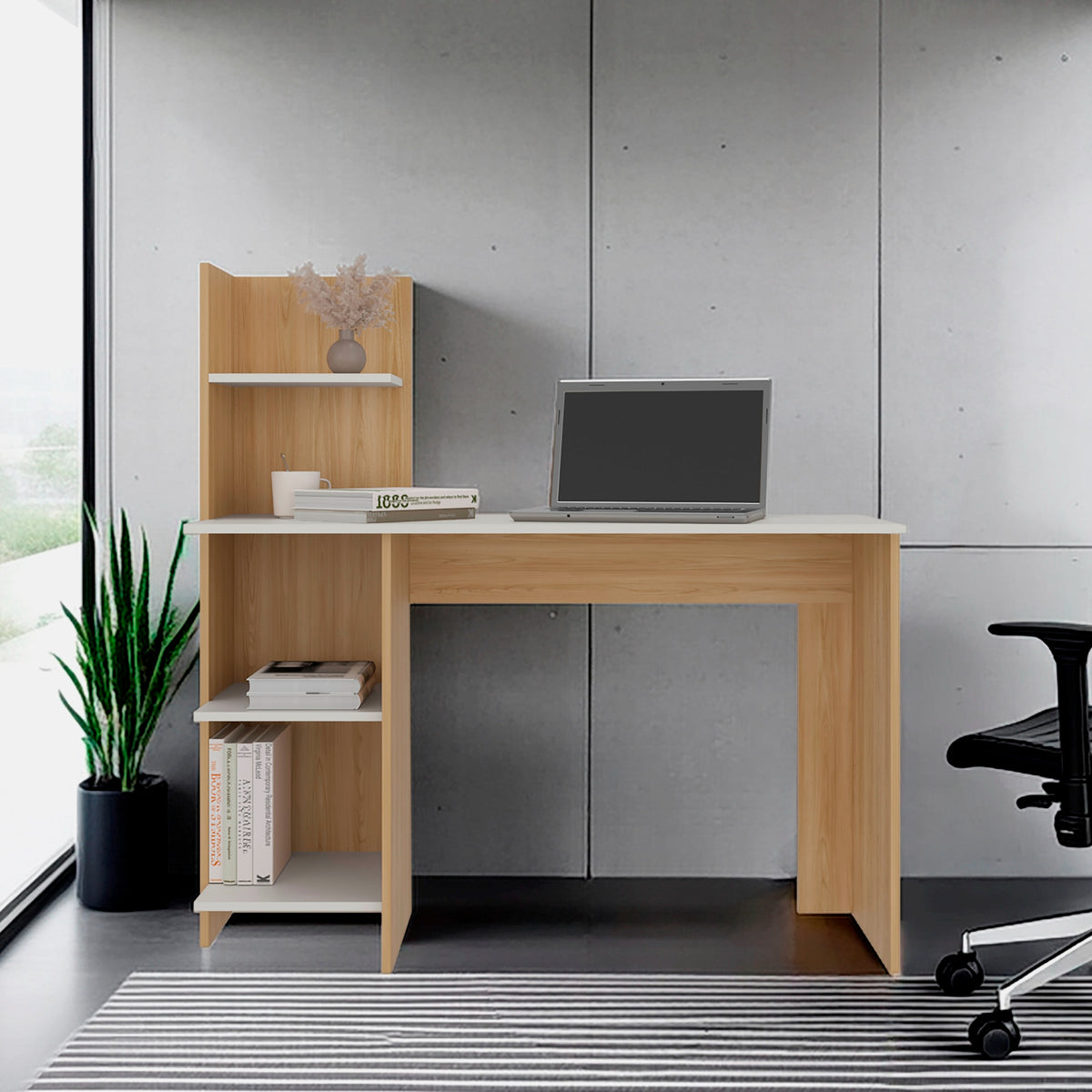 Escritorio moderno vilna fresno europeo y blanco con repisas 120x120 cm