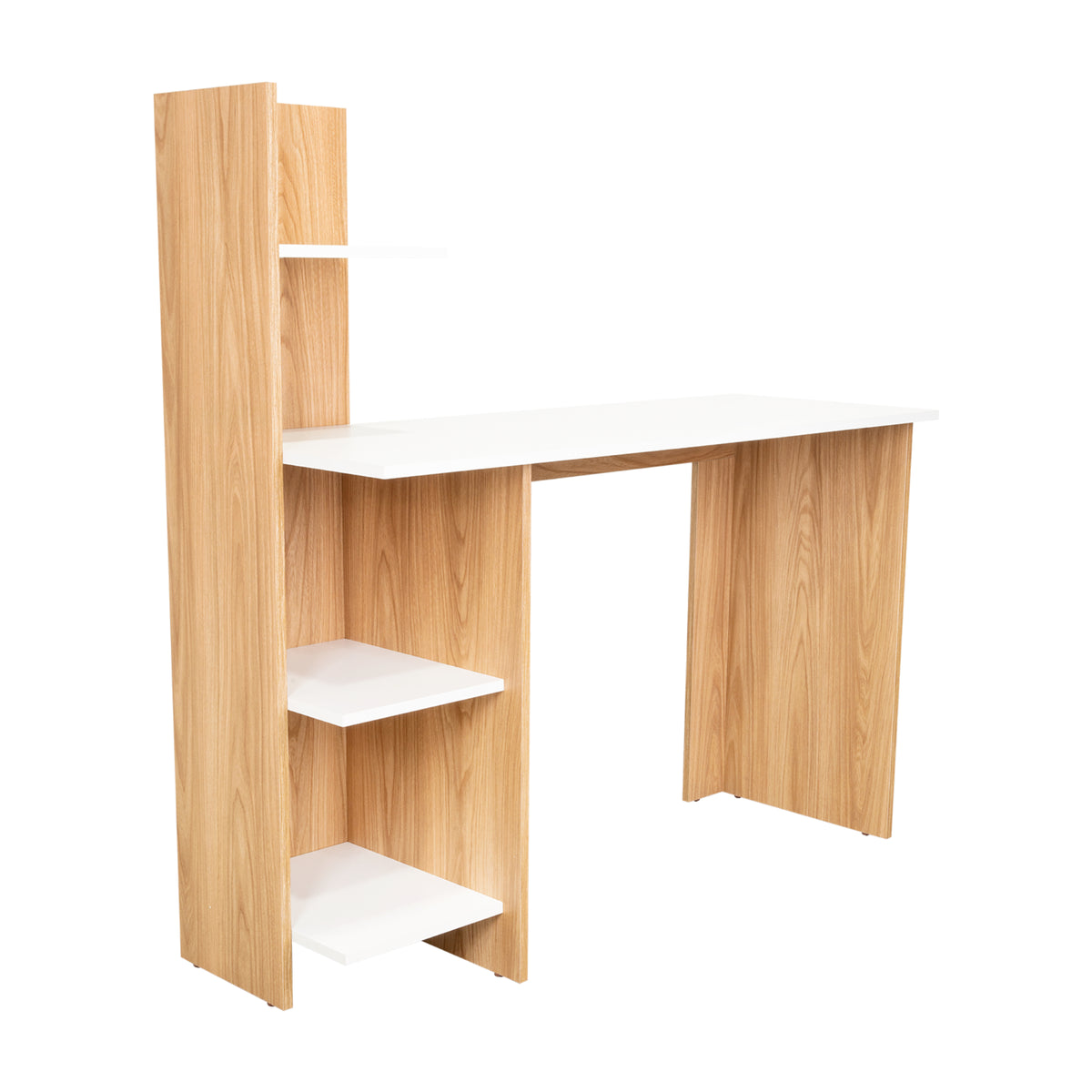 Escritorio moderno vilna fresno europeo y blanco con repisas 120x120 cm