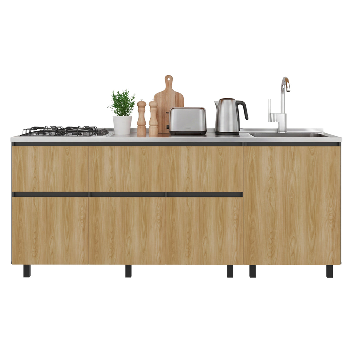 Mueble Inferior de Cocina Lirio Fresno Europeo y Plomo 210x90.7cm con Mesón de Acero Inoxidable Lado Derecho y con Estufa