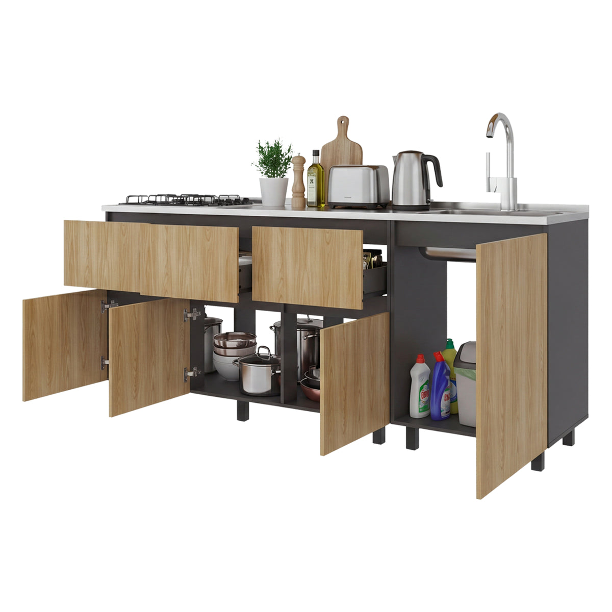 Mueble Inferior de Cocina Lirio Fresno Europeo y Plomo 210x90.7cm con Mesón de Acero Inoxidable Lado Derecho y con Estufa
