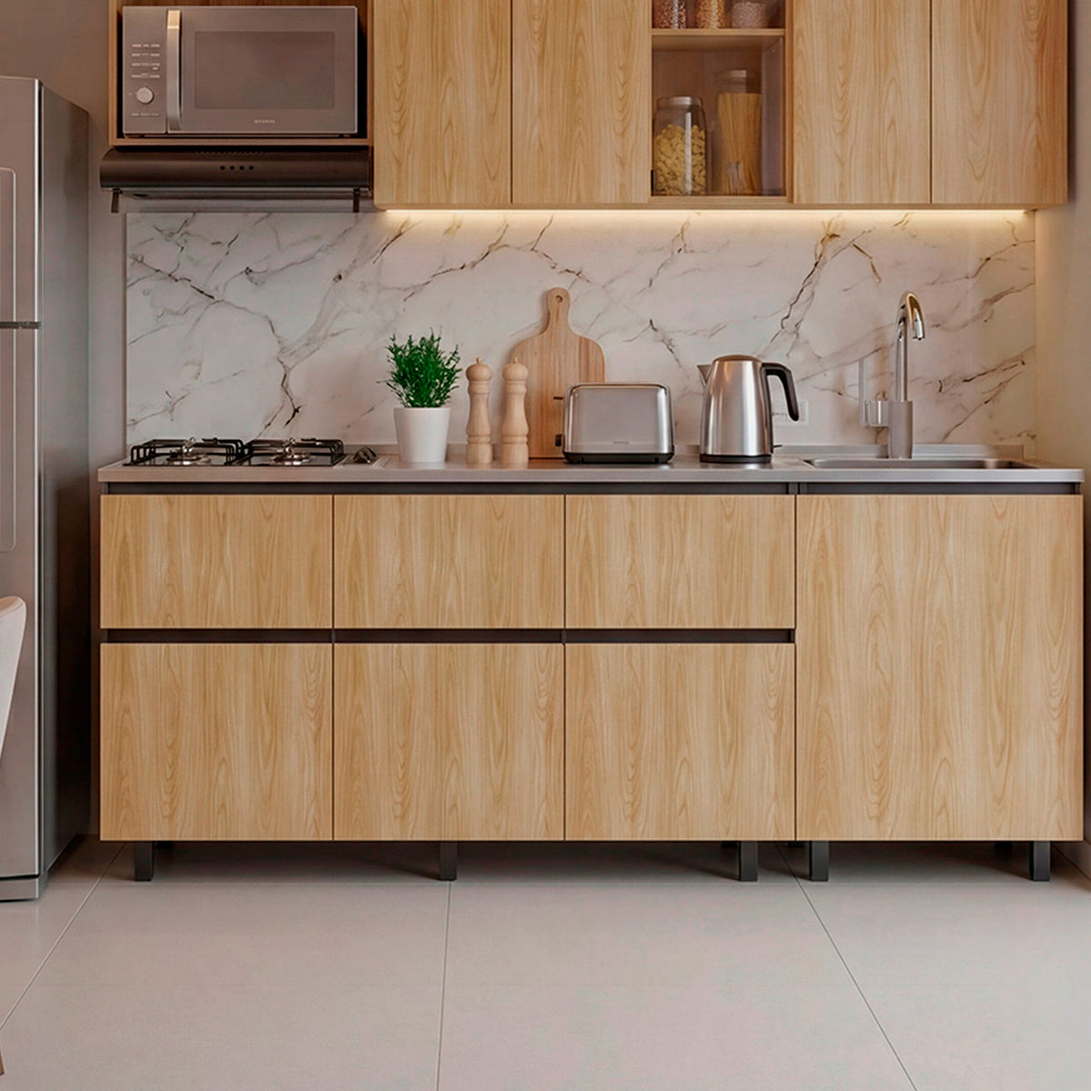 Mueble Inferior de Cocina Lirio Fresno Europeo y Plomo 210x90.7cm con Mesón de Acero Inoxidable Lado Derecho y con Estufa