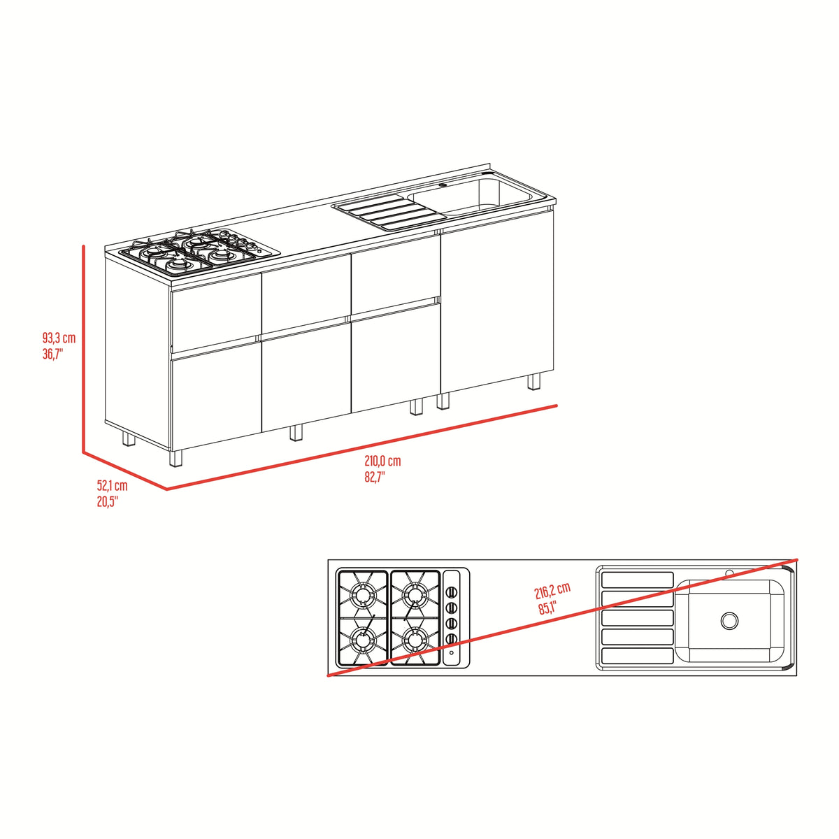 Mueble Inferior de Cocina Lirio Fresno Europeo y Plomo 210x90.7cm con Mesón de Acero Inoxidable Lado Derecho y con Estufa