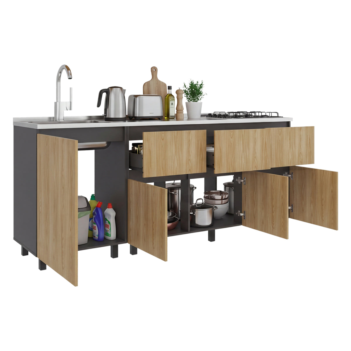 Mueble Inferior de Cocina Lirio Fresno Europeo 210x90.7cm con Mesón de Acero Inoxidable Lado Izquierdo y con Estufa