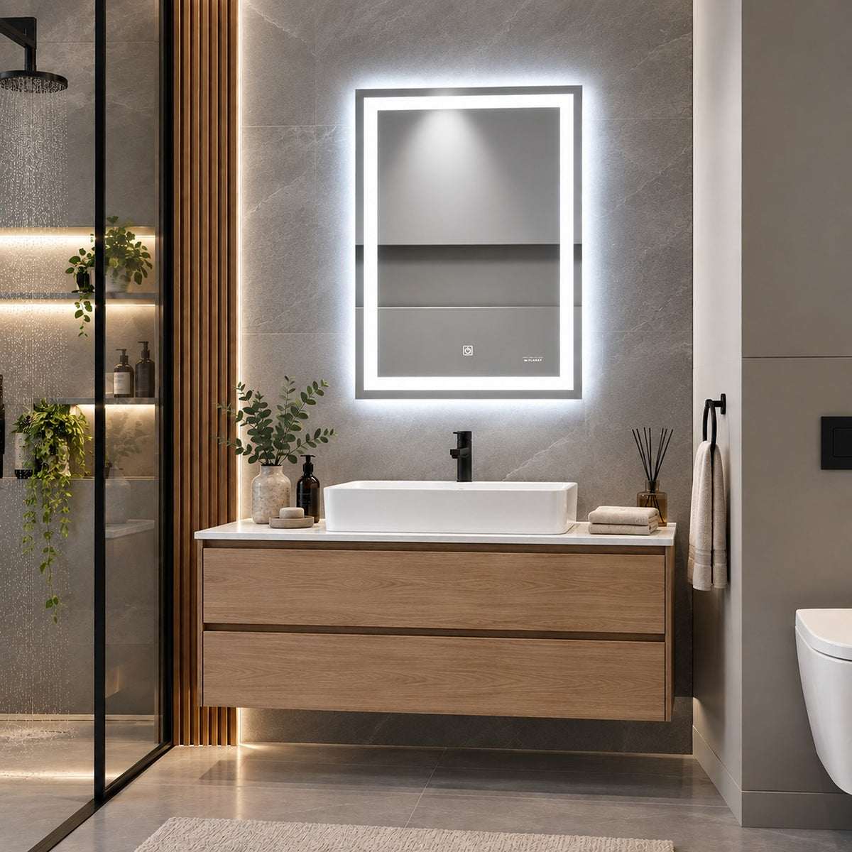 Espejo de baño LED plateado rectangular 70x50 cm con control táctil