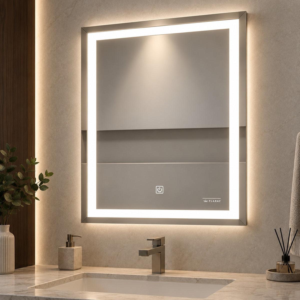 Espejo de baño LED plateado rectangular 70x50 cm con control táctil