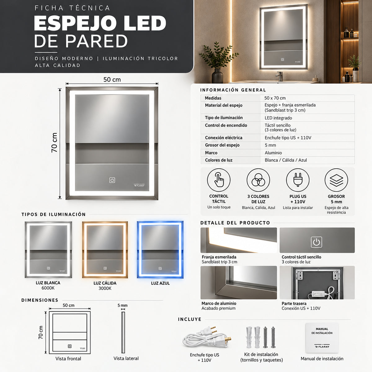 Espejo de baño LED plateado rectangular 70x50 cm con control táctil