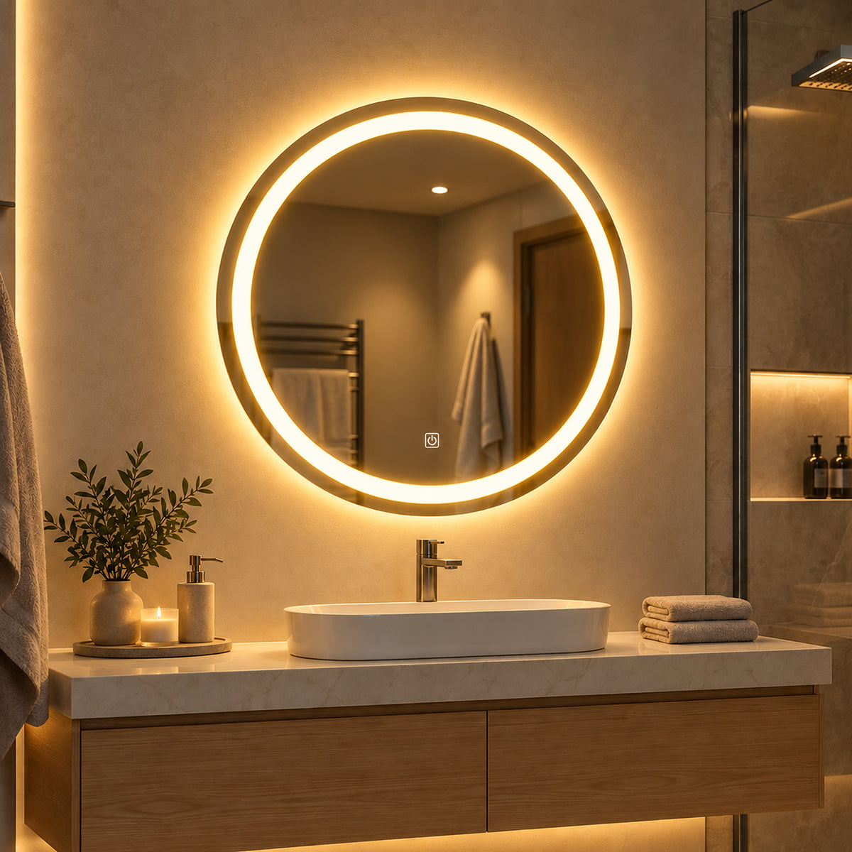 Espejo de baño redondo blanco LED 60x60 cm con control touch