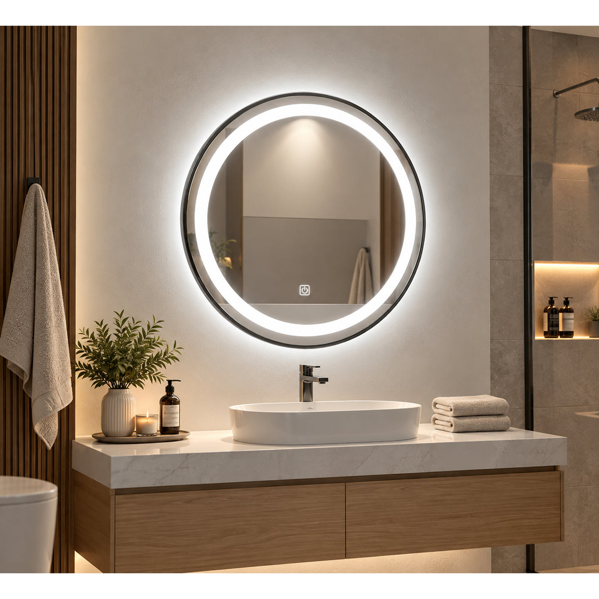 Espejo de baño redondo negro LED 60x60 cm con luz multitemperatura touch