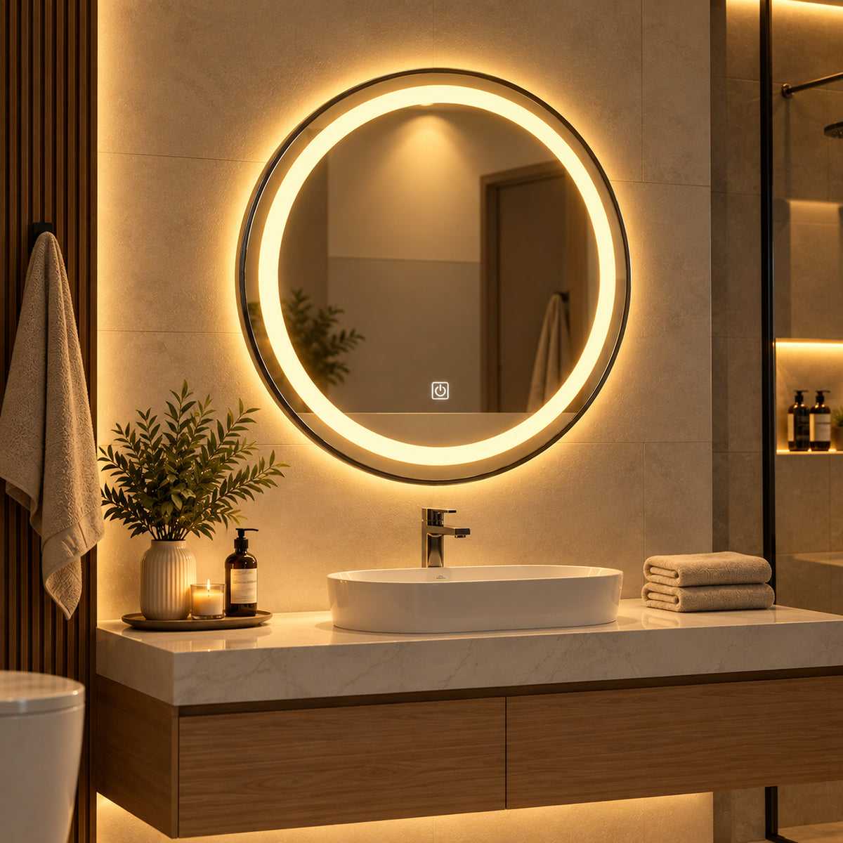 Espejo de baño redondo negro LED 60x60 cm con luz multitemperatura touch