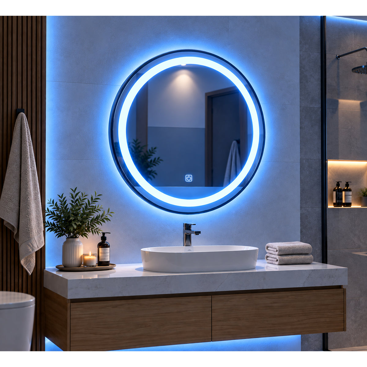Espejo de baño redondo negro LED 60x60 cm con luz multitemperatura touch