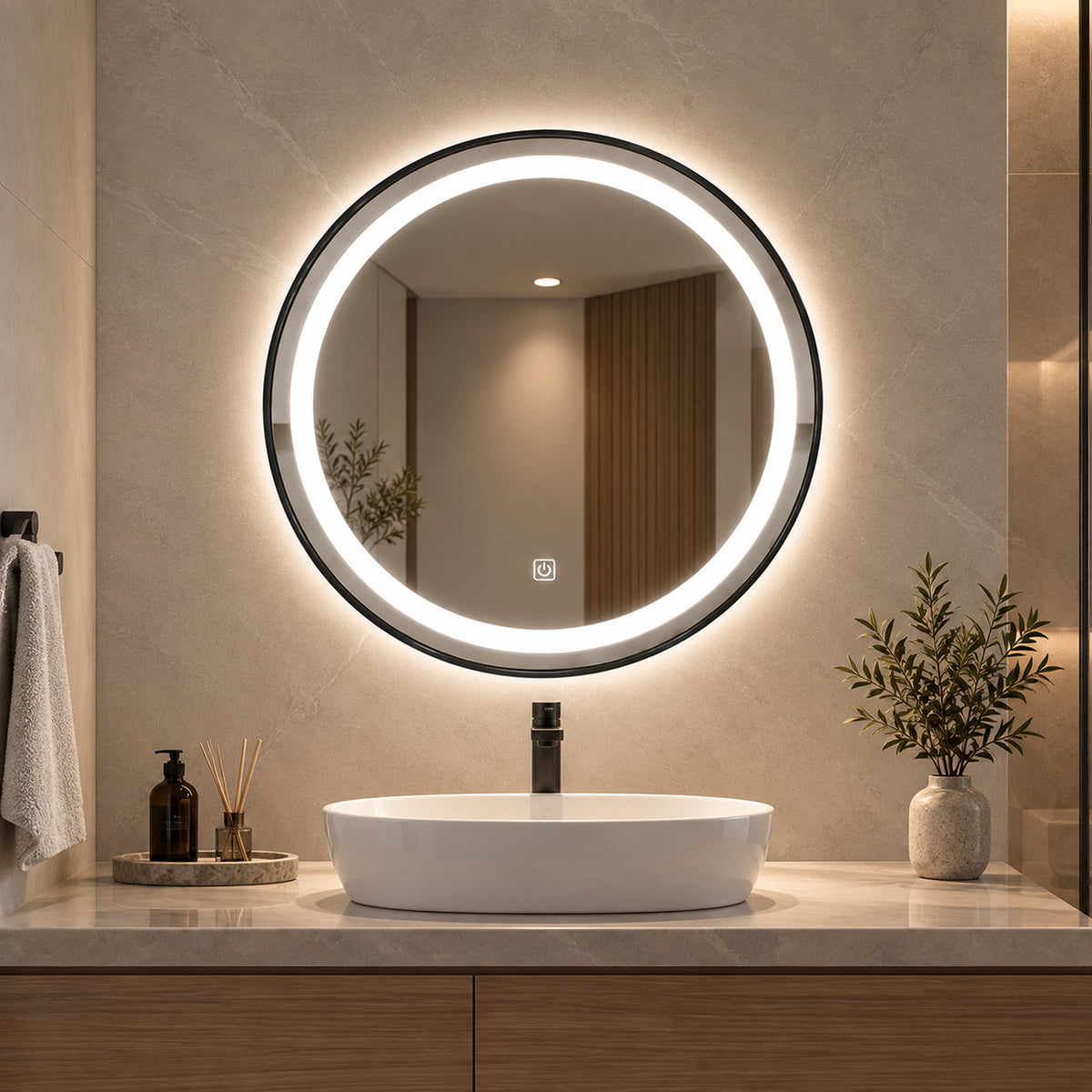 Espejo de baño LED redondo negro 80 cm con marco de aluminio y touch
