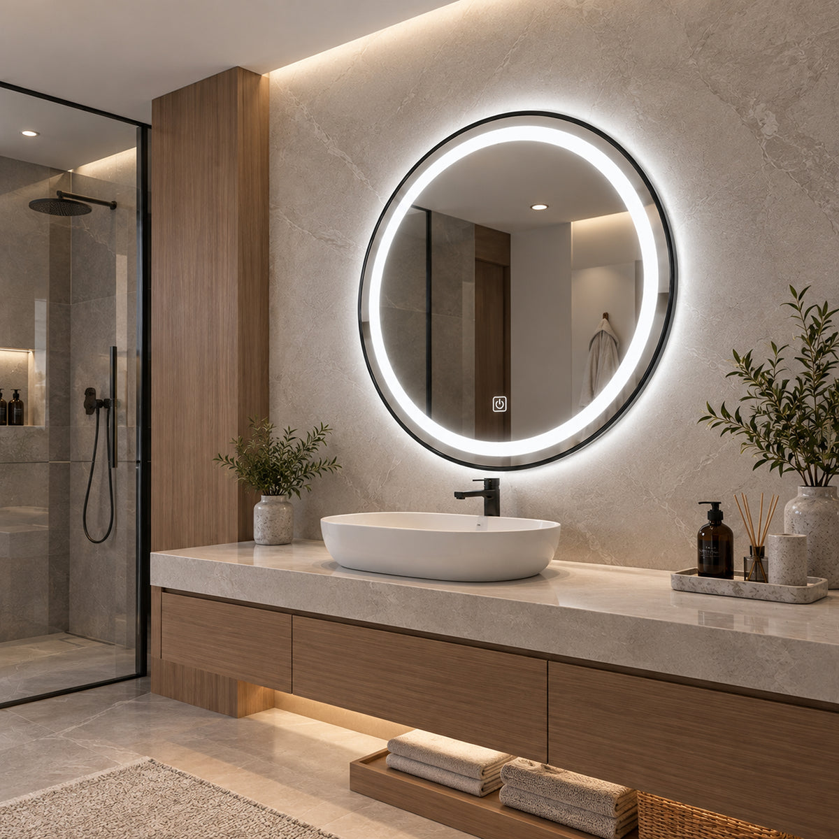 Espejo de baño LED redondo negro 80 cm con marco de aluminio y touch