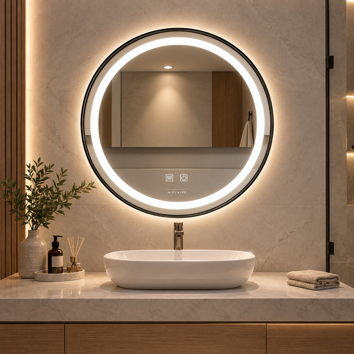 Espejo de baño redondo plateado con luz LED antivaho 70x70 cm
