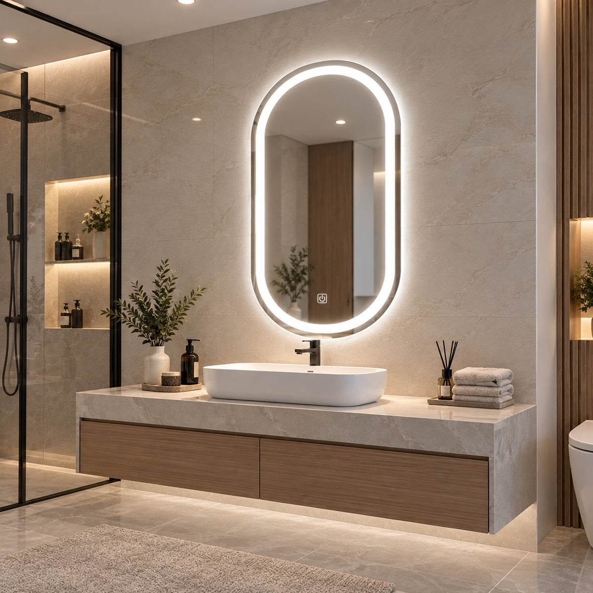 Espejo de baño ovalado plateado LED 80x50 cm con luz multitemperatura touch