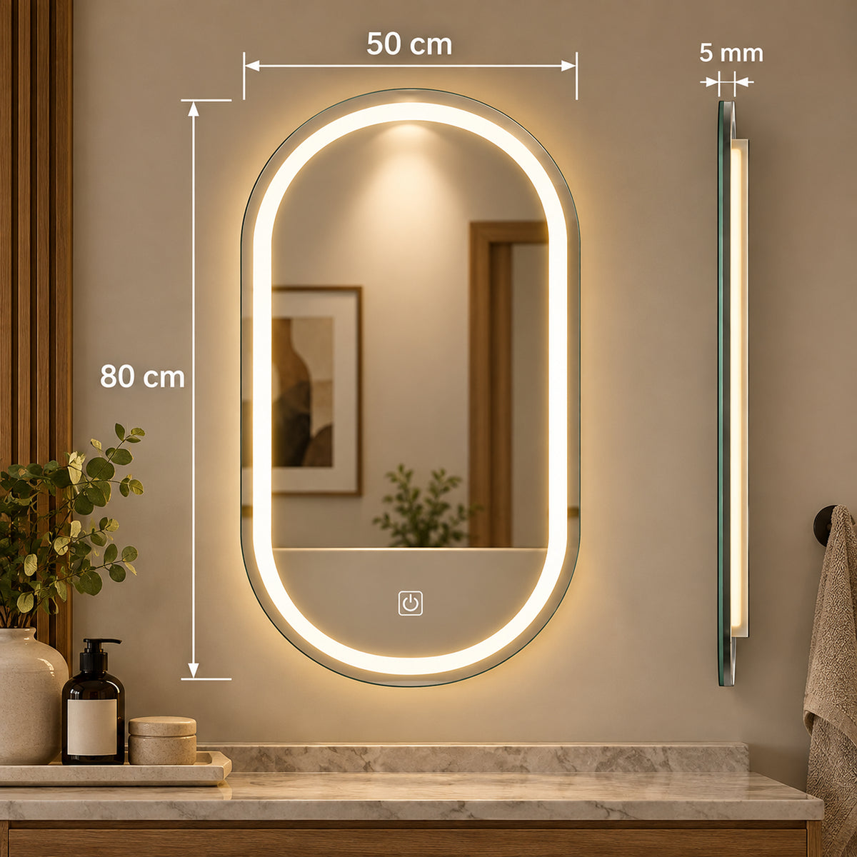 Espejo de baño ovalado plateado LED 80x50 cm con luz multitemperatura touch