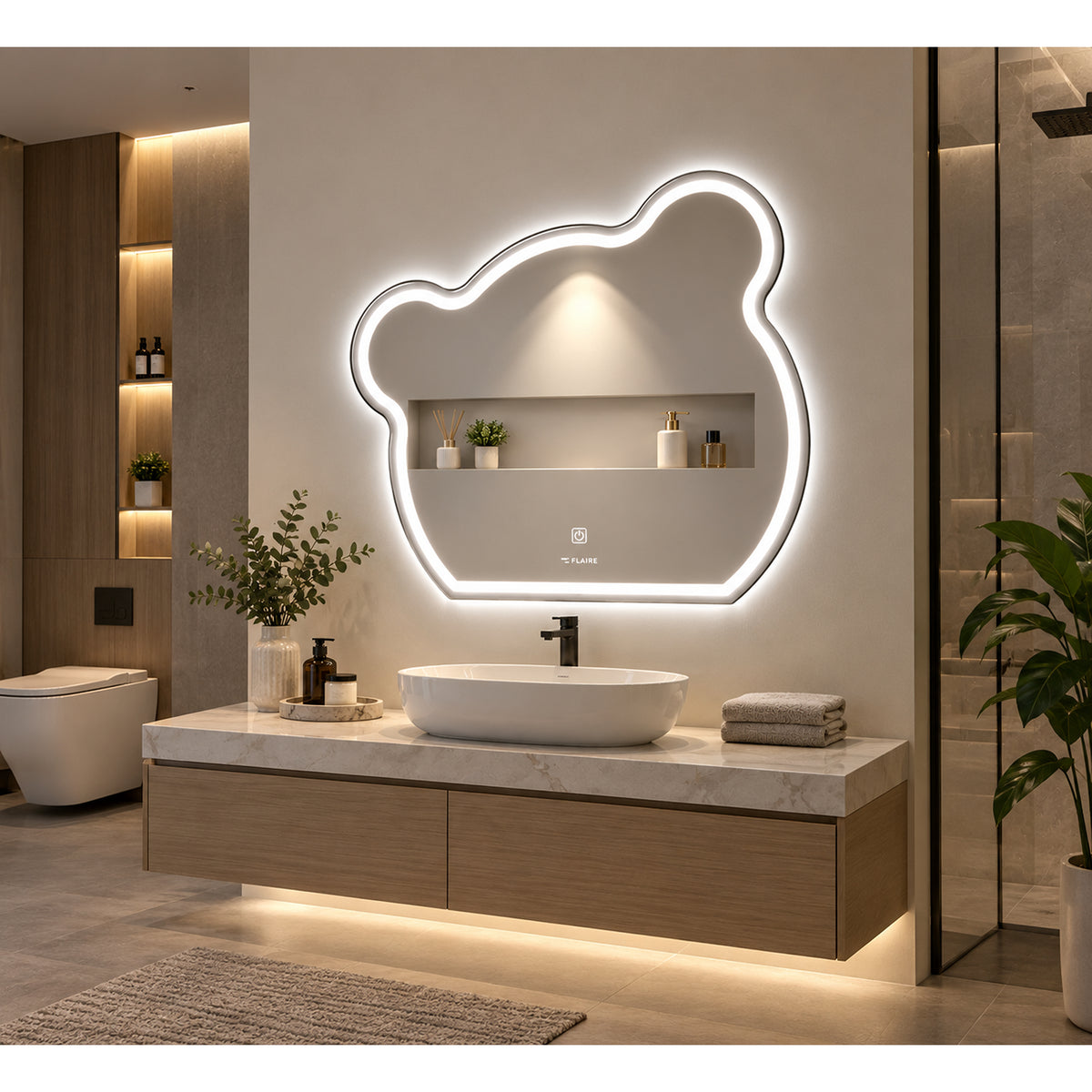 Espejo de baño LED plateado en forma de oso 75x60 cm con luz multitemperatura