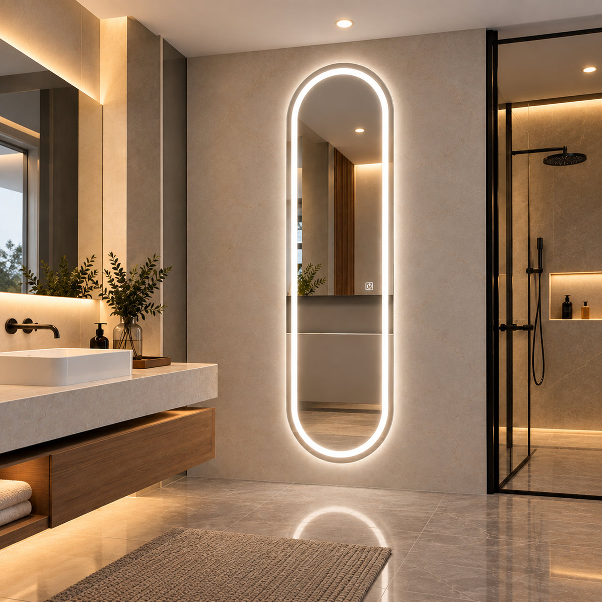 Espejo de baño ovalado plateado LED 160x50 cm con luz multitemperatura