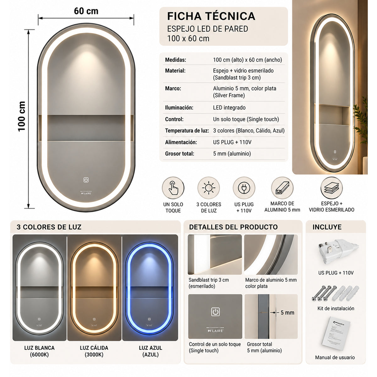 Espejo de baño ovalado plateado LED touch 100x60 cm con 3 luces