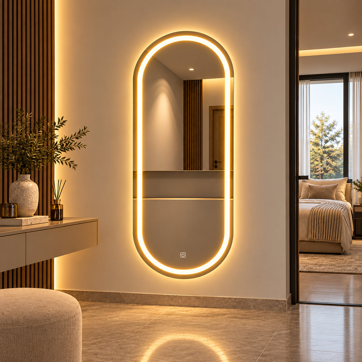 Espejo de baño ovalado plateado con luz LED touch 100x60 cm