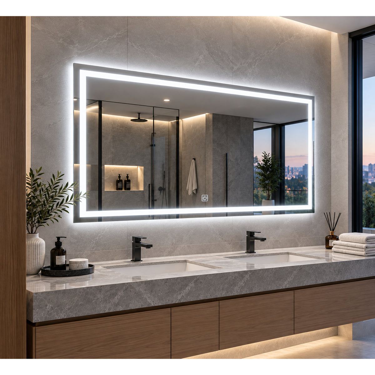 Espejo de baño LED plateado 100x70 cm con touch y luz multitemperatura