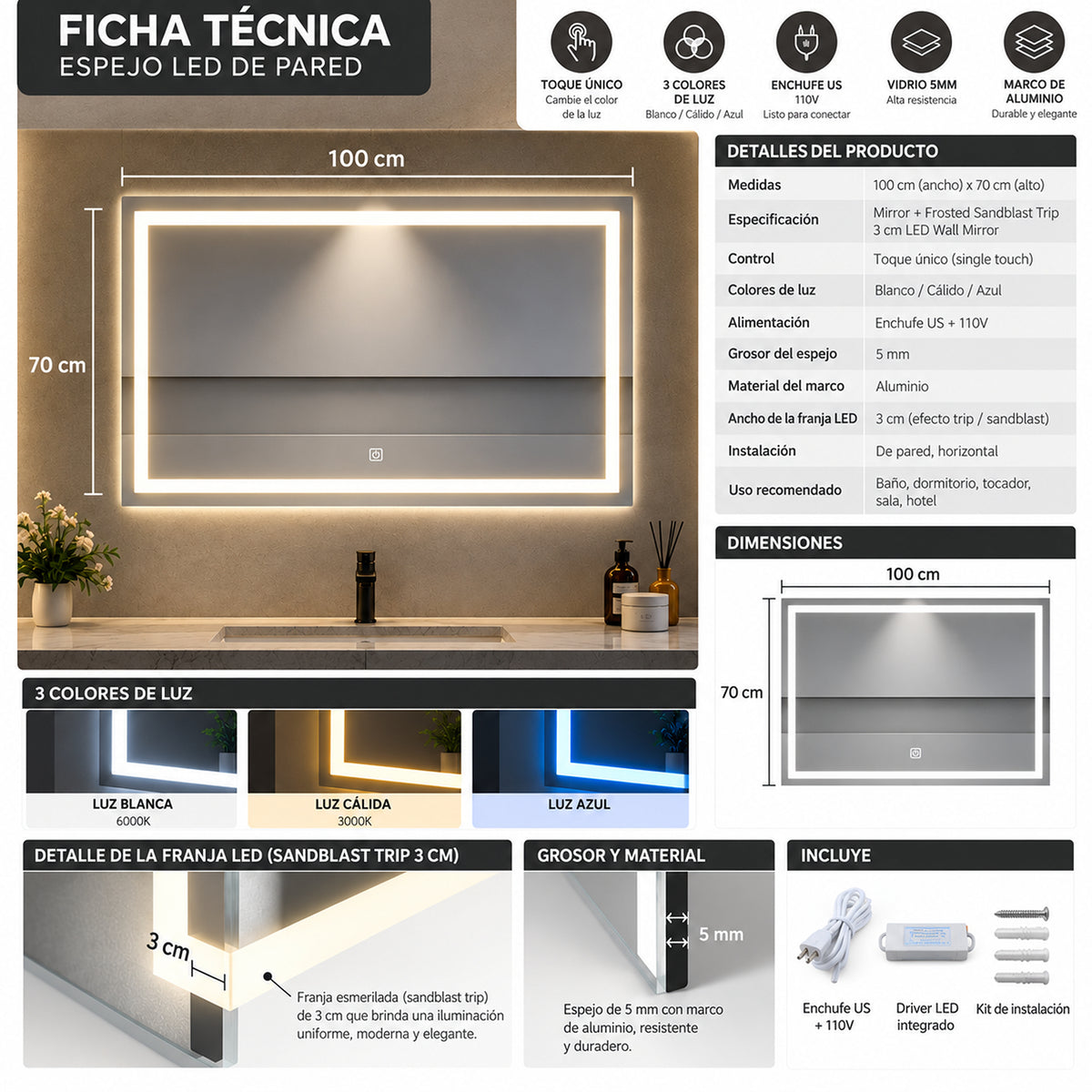Espejo de baño LED plateado 100x70 cm con touch y luz multitemperatura