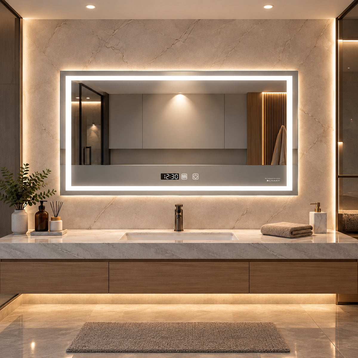 Espejo de baño LED plateado 80x60 cm con antivaho y reloj digital