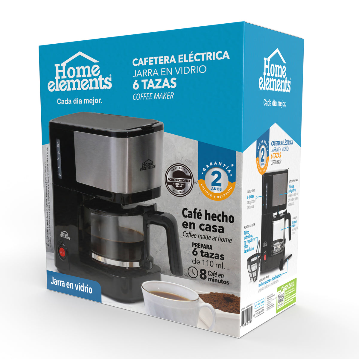 Cafetera eléctrica negra Home Elements 6 tazas 600 W con jarra de vidrio