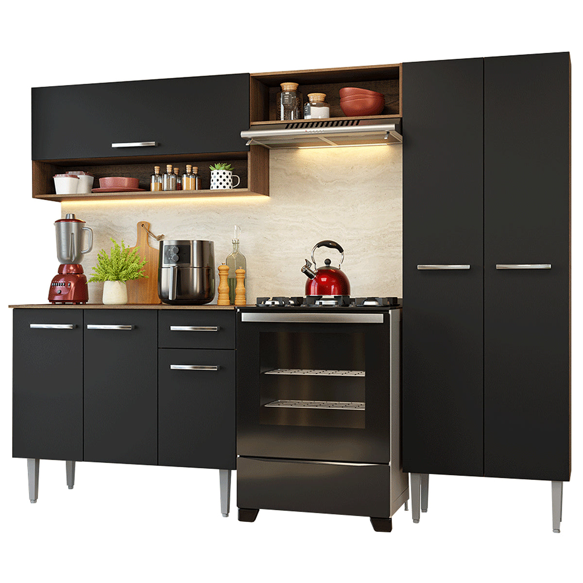 Cocina Integral Deli Marrón y Negro 220x186cm con Mesón de Madera Aglomerada MDP sin Pozuelo sin Estufa y con Alacela Lado Derecho