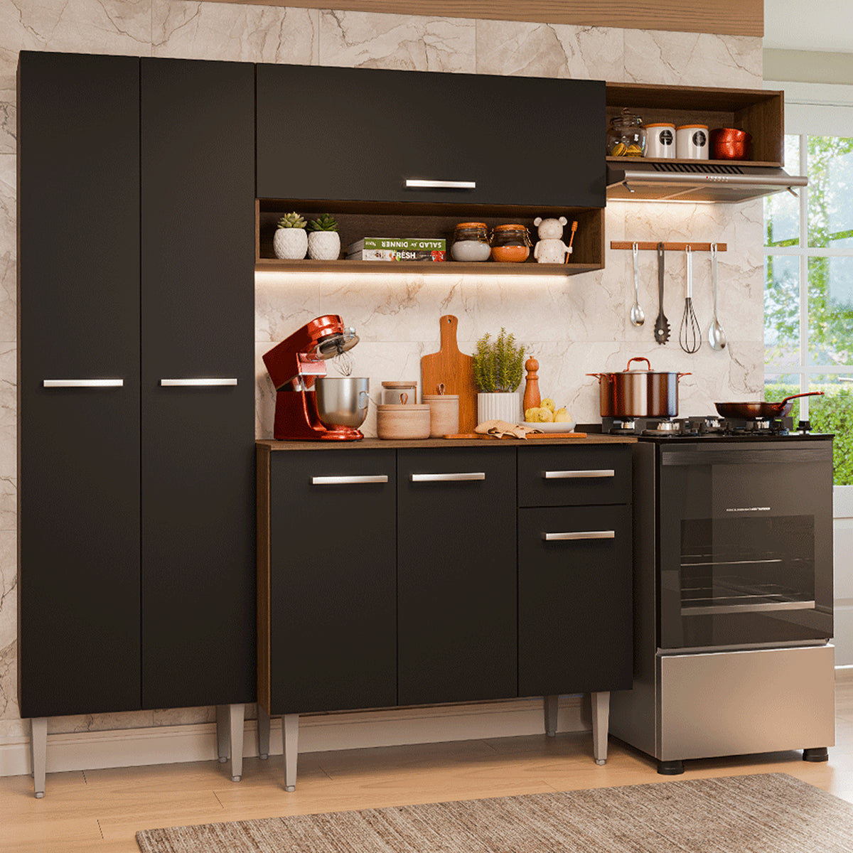 Cocina Integral Deli Marrón y Negro 220x186cm con Mesón de Madera Aglomerada MDP sin Pozuelo sin Estufa y con Alacela Lado Izquierdo