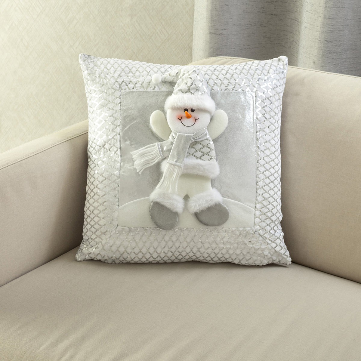 Funda de cojín navideña plateada muñeco de nieve 45x45 cm poliéster