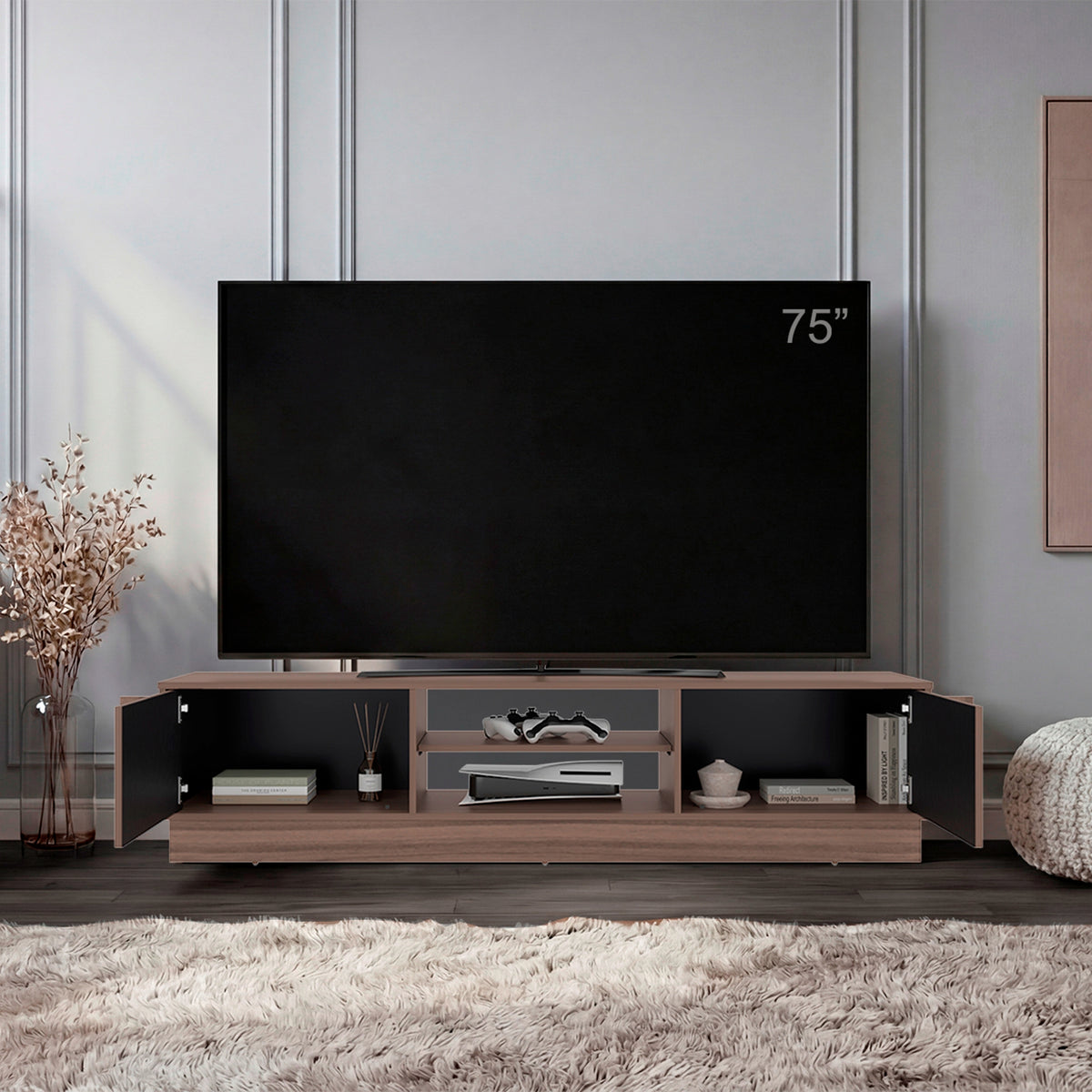 Rack de TV Caoba Avellana y Wengue 180x42.1cm para TV Hasta 75" Pulgadas con Dos Compatimientos