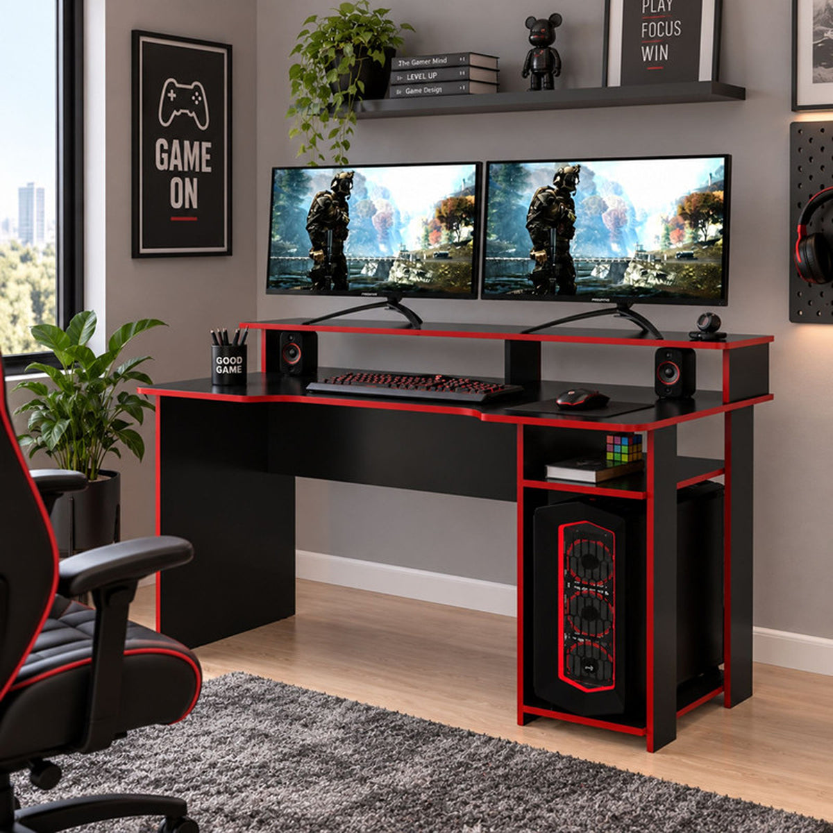 Escritorio gamer Bolonia negro y rojo en MDF 136x89.5cm con repisa superior