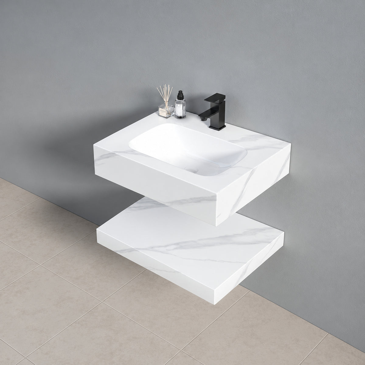 Lavamanos suspendido blanco en piedra sinterizada 60x23 cm con lavamanos integrado