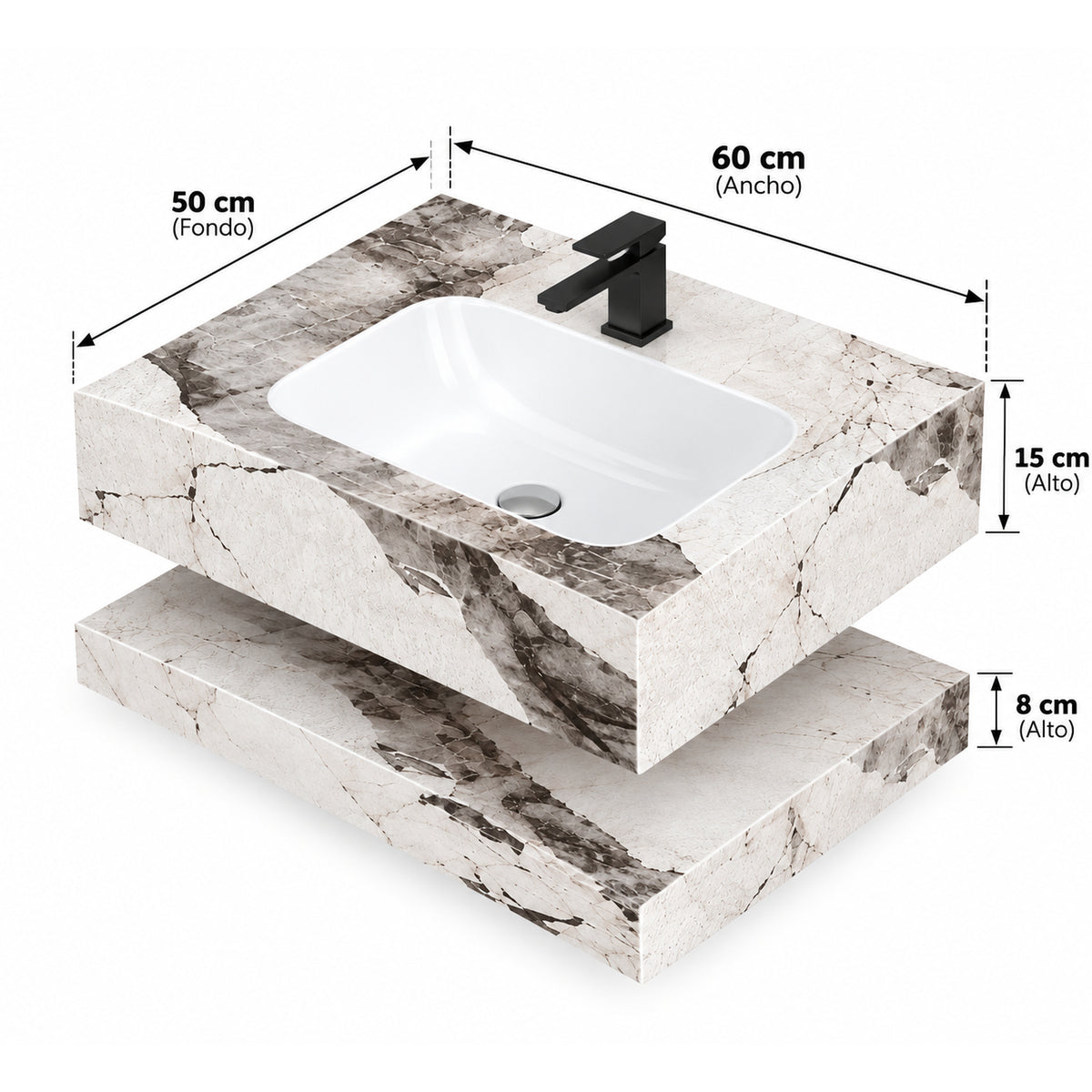 Lavamanos suspendido blanco de piedra sinterizada 60x23 cm con lavamanos integrado