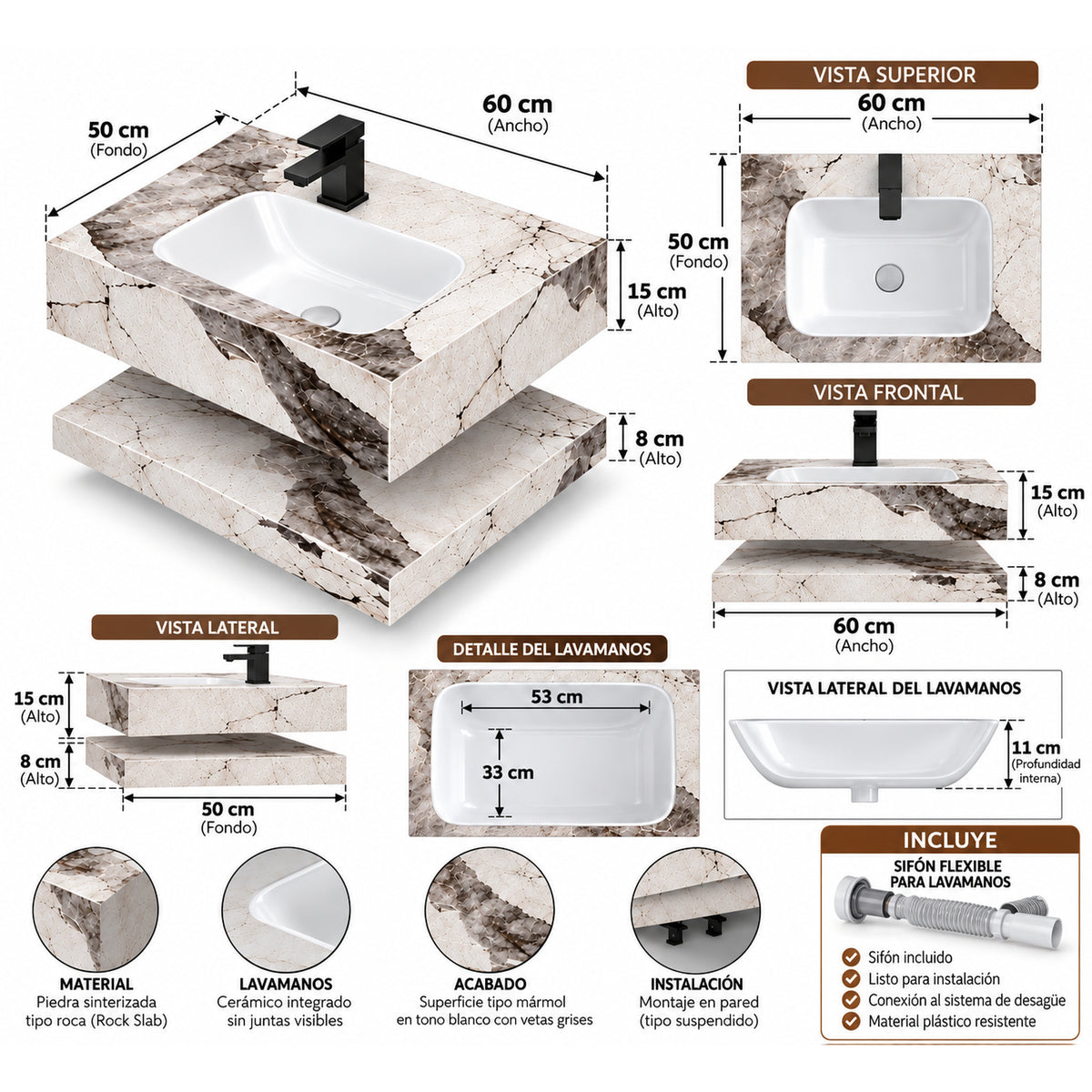 Lavamanos suspendido blanco de piedra sinterizada 60x23 cm con lavamanos integrado