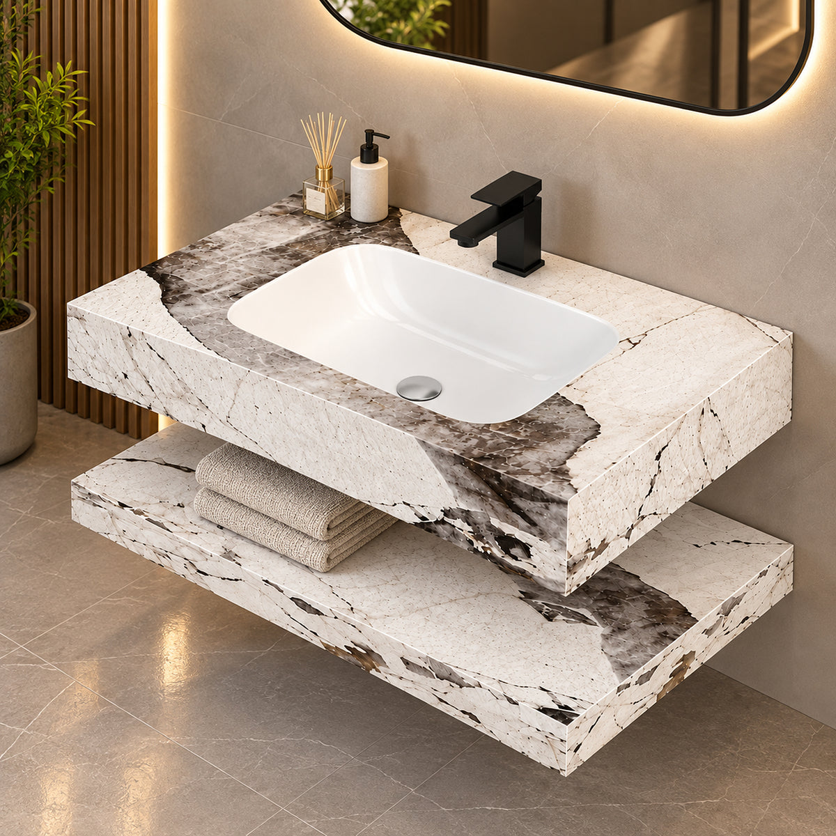 Lavamanos suspendido blanco 80x23 cm en piedra sinterizada con mueble integrado