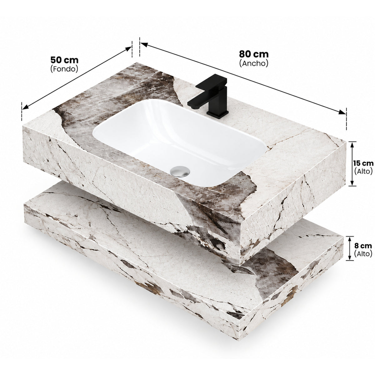Lavamanos suspendido blanco 80x23 cm en piedra sinterizada con mueble integrado