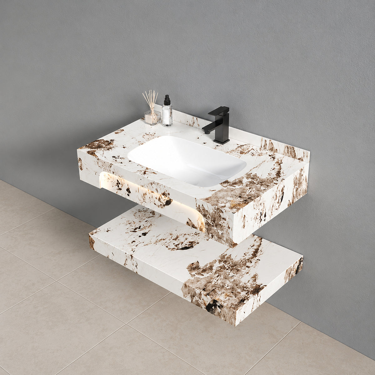Mueble de baño suspendido blanco con lavamanos integrado LED 80x28 cm