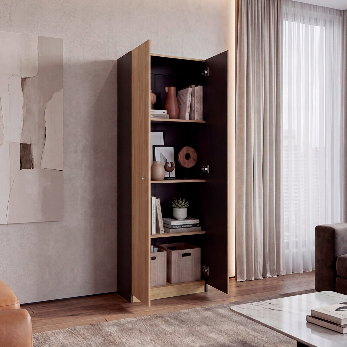 Estantería rectangular home 1 moderna fresno y wengue en MDP 62.8x180.6 cm con 3 entrepaños