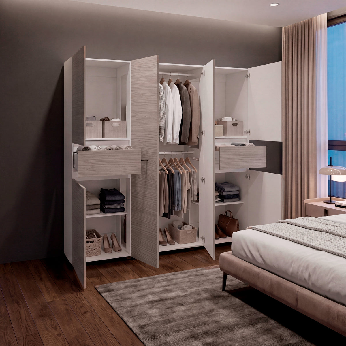 Clóset Berino moderno Positano y blanco 200x200 cm con 6 puertas y 2 cajones