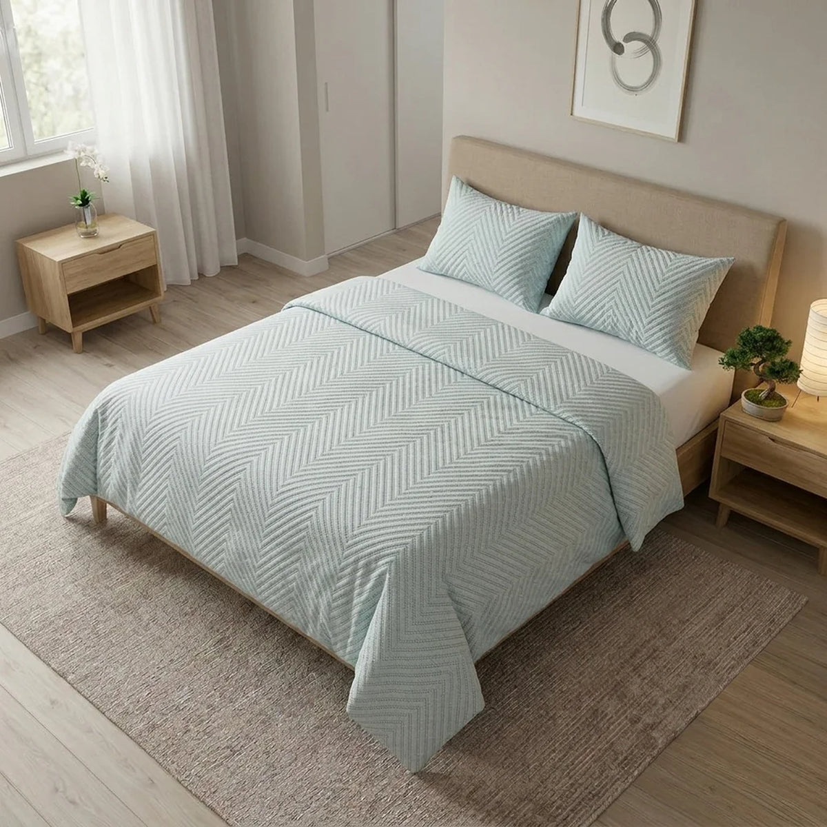 Cubrelecho para Cama doble azul Kyoto 140x190 cm en microfibra con 2 fundas