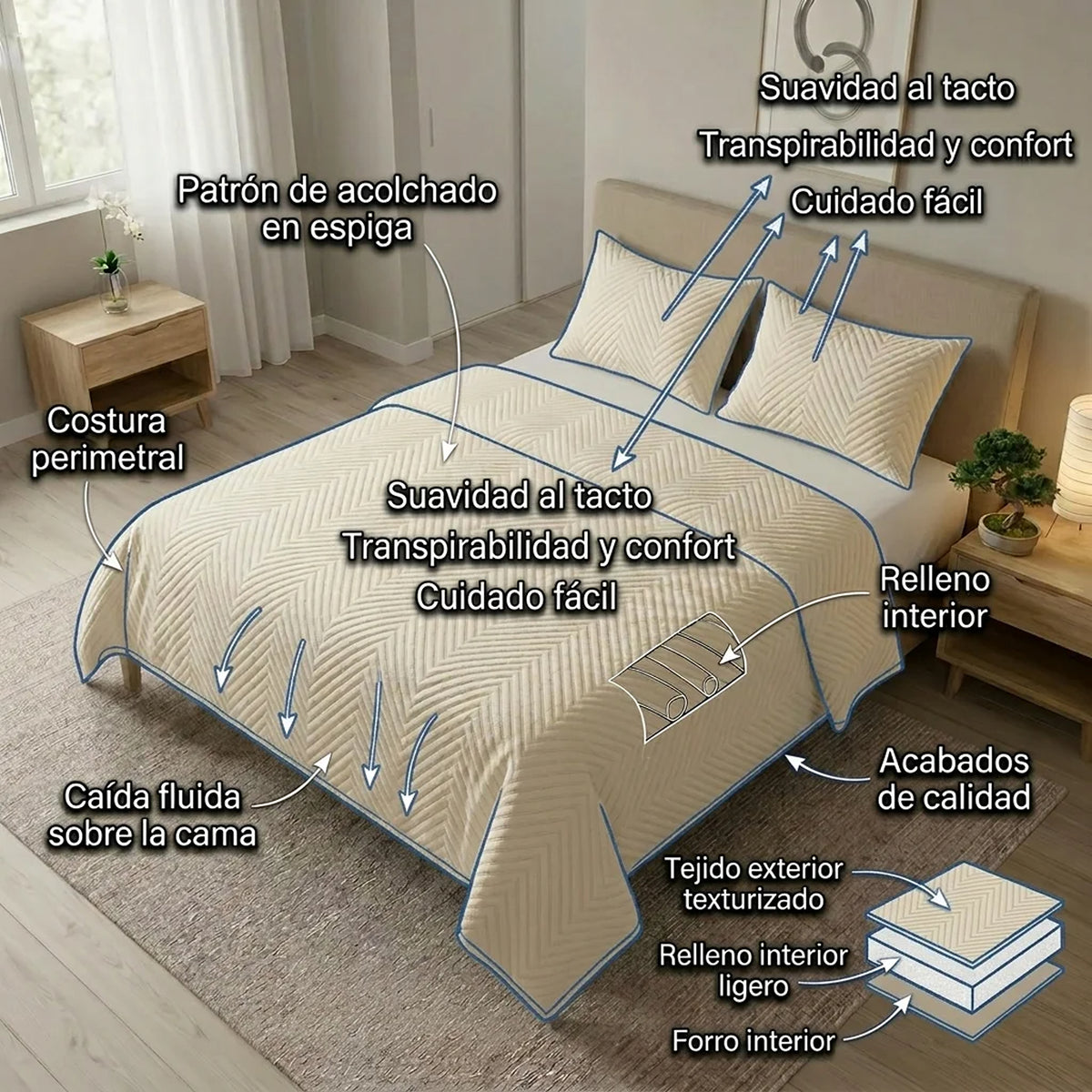 Cubrelecho queen beige Kyoto en microfibra 160x190 cm con 2 fundas