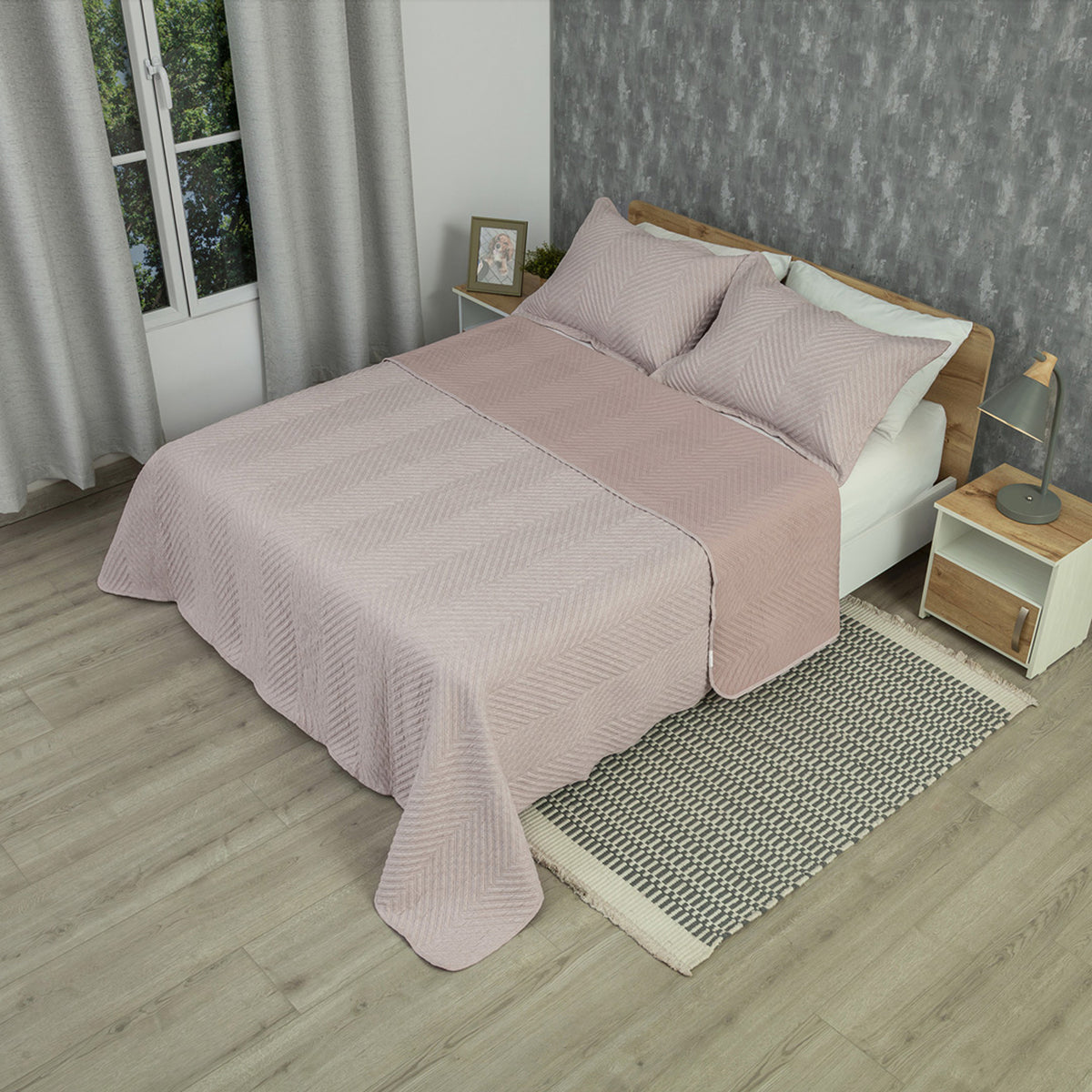 Tendido para cama doble rosa Kyoto 140x190 cm en microfibra con 2 fundas