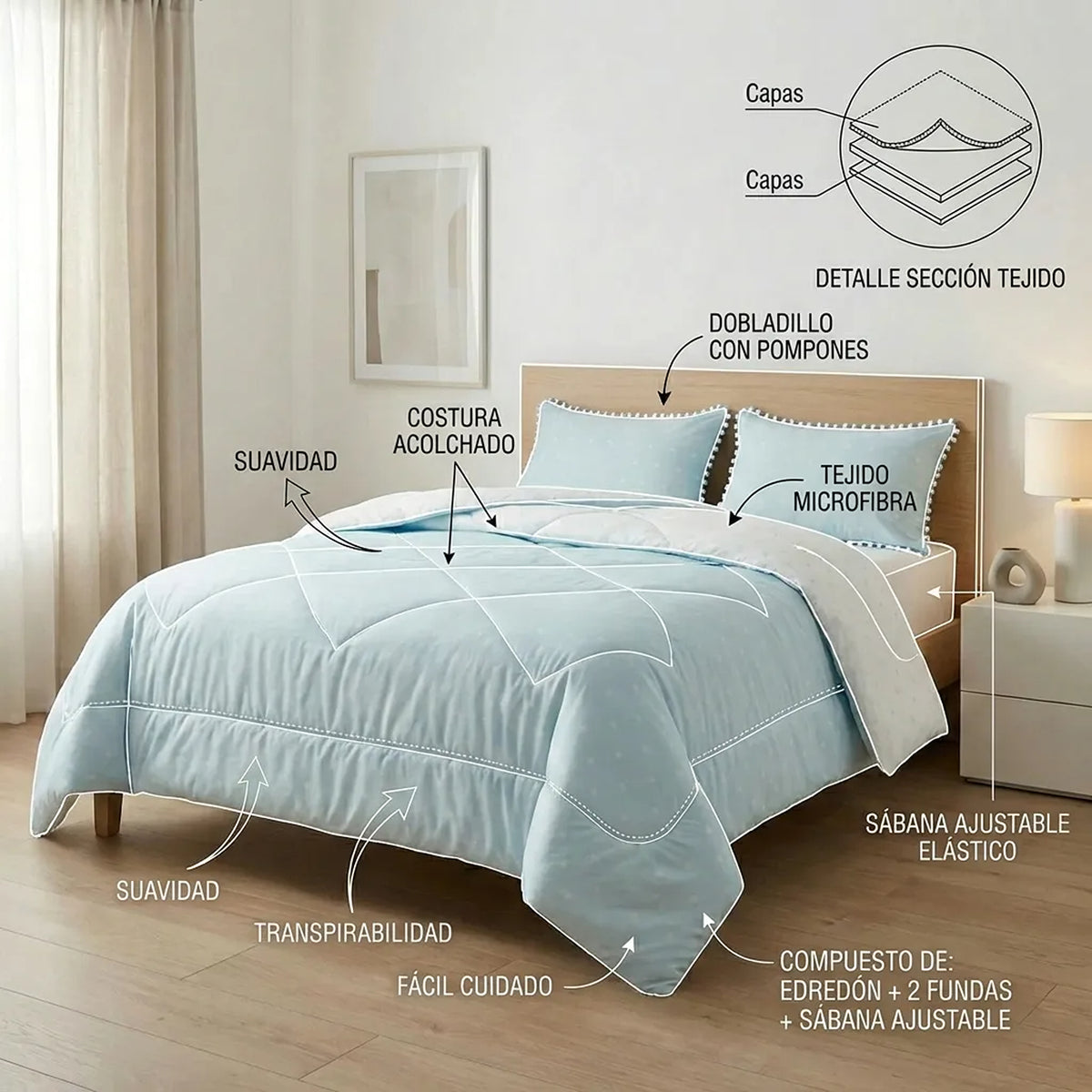 Cubrelecho queen azul Luno doble faz superacolchado 160x190 cm