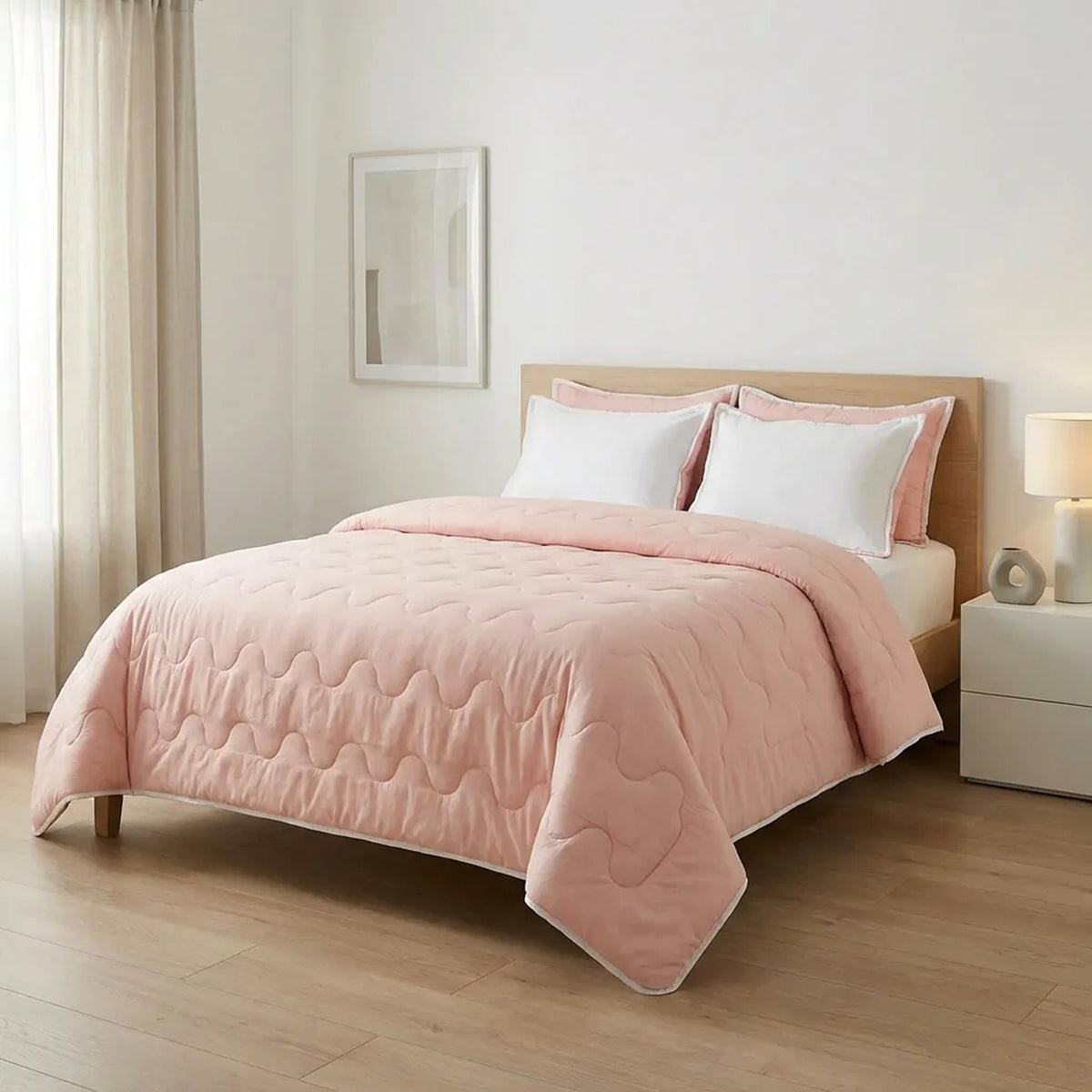 Cubrelecho acolchado Cotton Sense king rosa y blanco doble faz en microfibra 200x200 cm