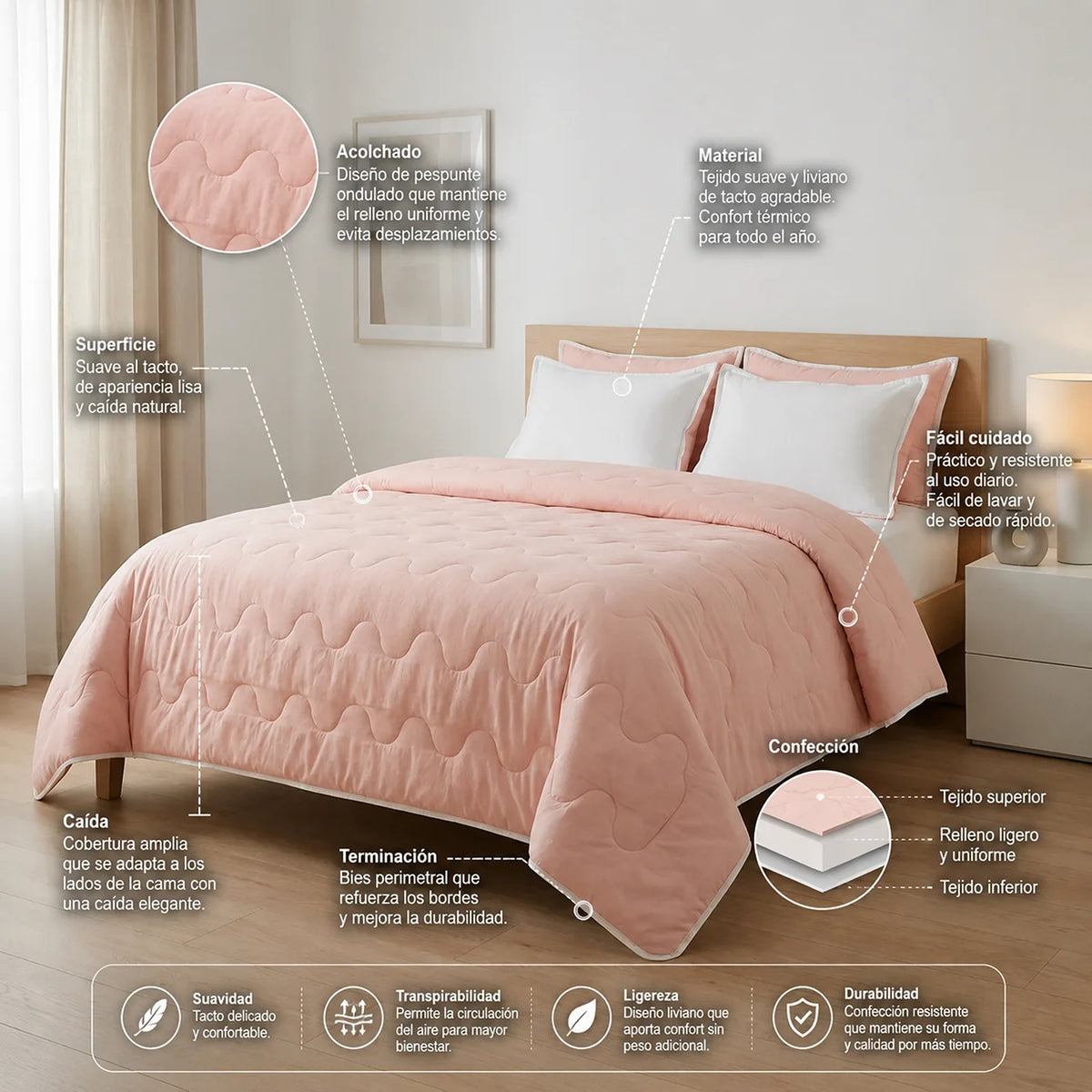 Cubrelecho acolchado Cotton Sense king rosa y blanco doble faz en microfibra 200x200 cm
