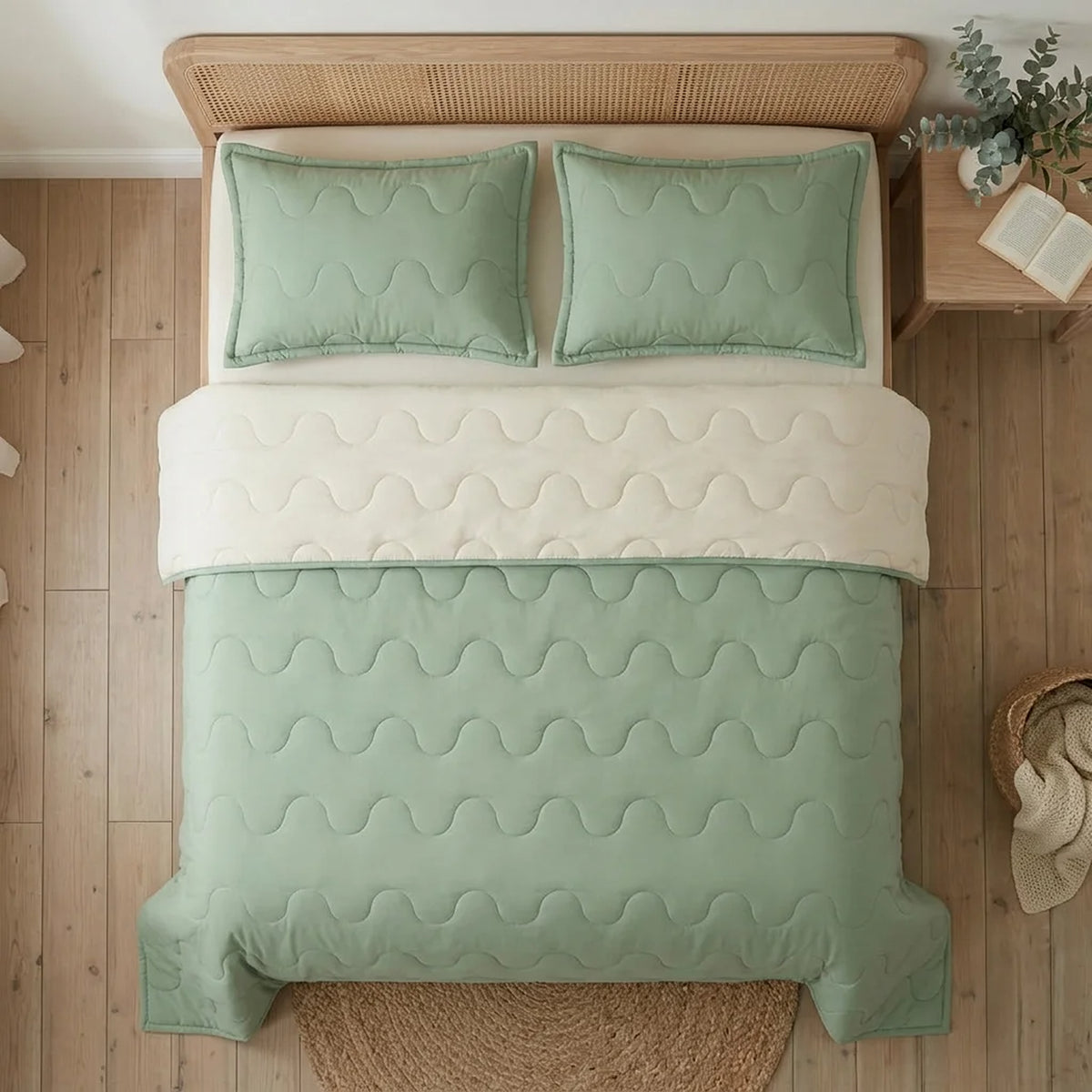 Cubrelecho acolchado Cotton Sense king verde y beige doble faz en microfibra 200x200 cm