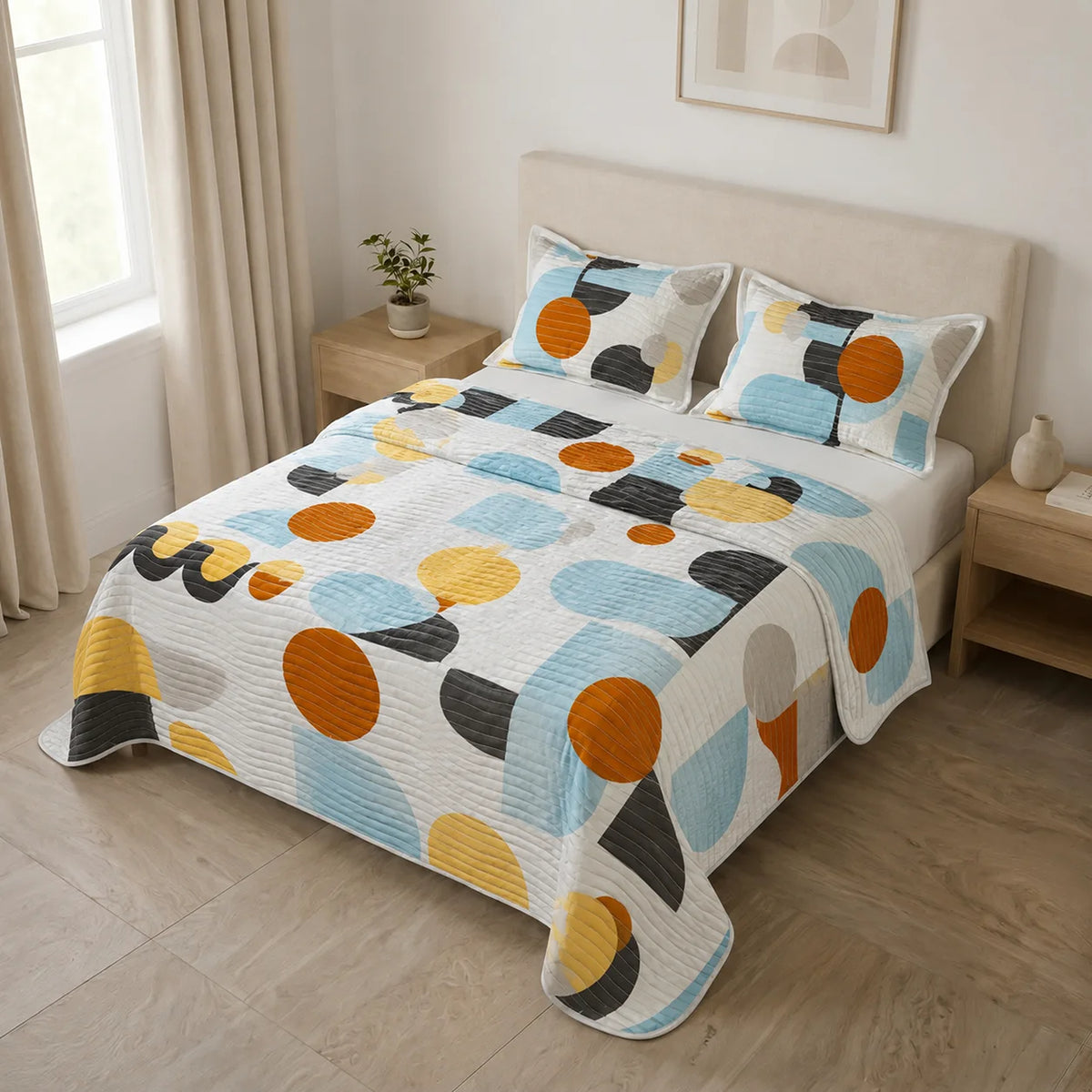 Cubrelecho para cama doble Geo Balance azul doble faz en microfibra 140x190 cm